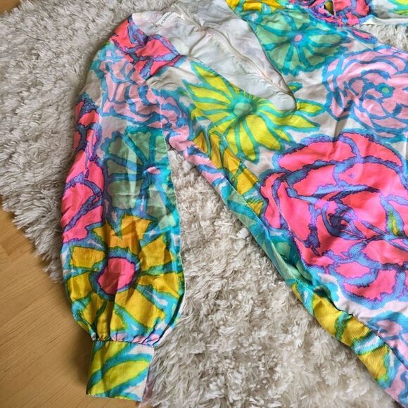 BH WRAGGE Vibrant Floral Long Sleeve Dress  Deep V Neck Size Medium Retro - Picture 4 of 15